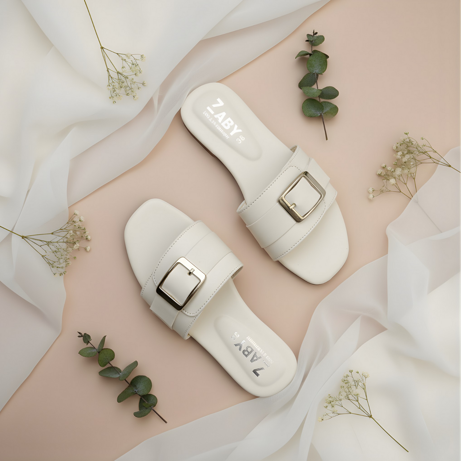 white buckle mantel sliperes